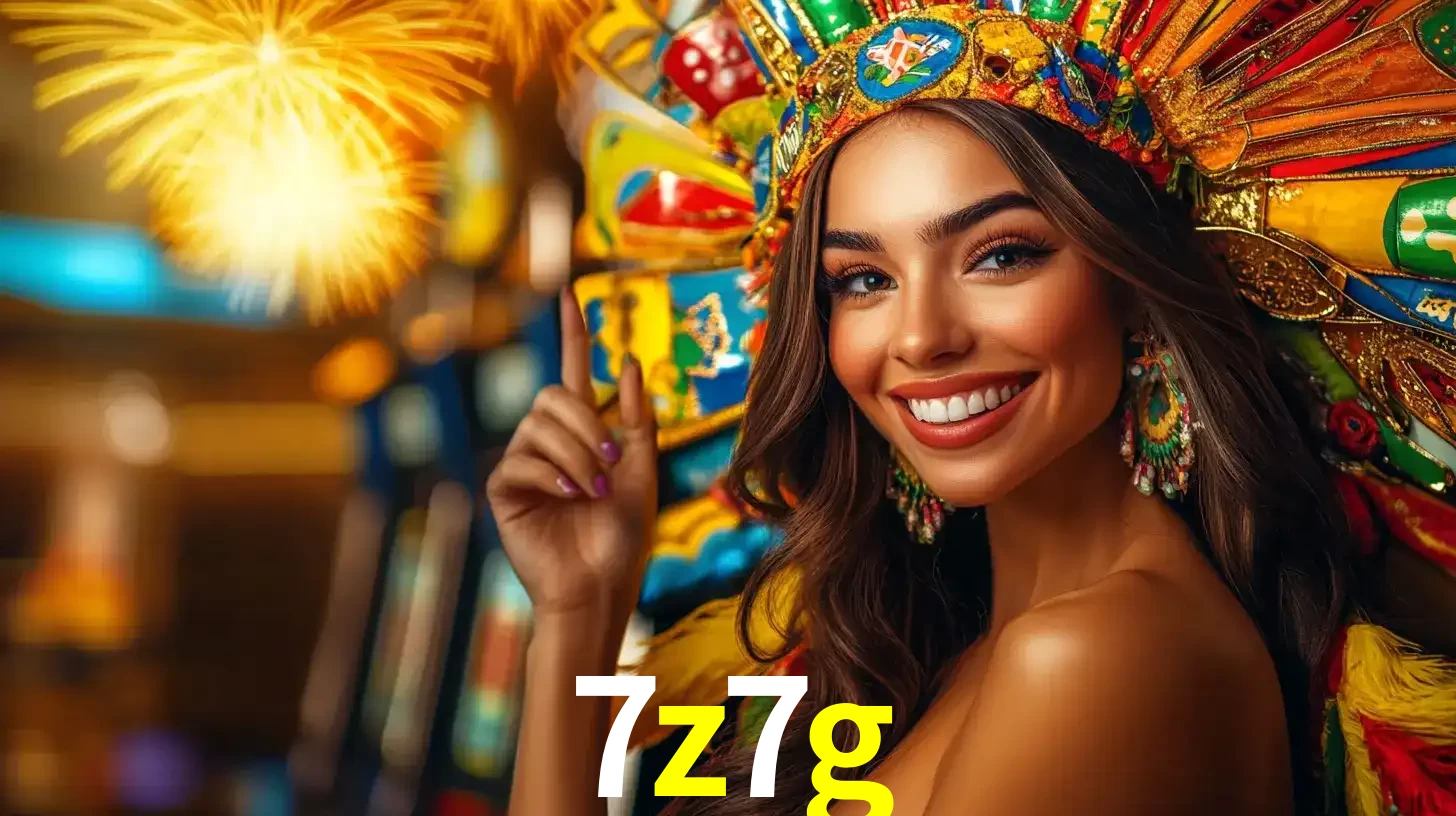 Mulher sorridente com um cocar de carnaval vibrante e colorido, celebrando uma grande vitória nos jogos do cassino 7z7g com fogos de artifício ao fundo.