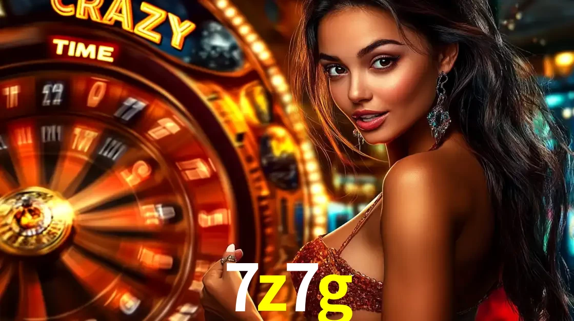 Mulher ao lado da roda de prêmios do jogo de cassino ao vivo Crazy Time, um dos shows de jogos mais emocionantes oferecidos pela plataforma de apostas 7z7g.