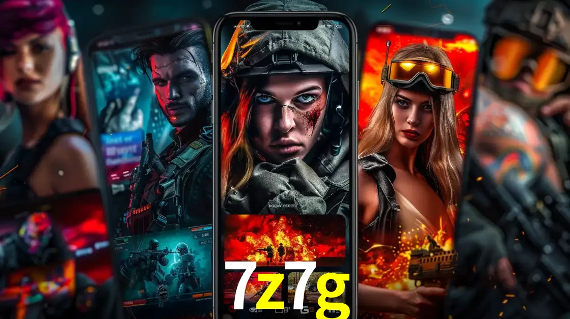 Montagem de telas de celular mostrando diversos personagens, masculinos e femininos, de um jogo de tiro, ilustrando a diversidade de equipes de e-sports para apostar no 7z7g.
