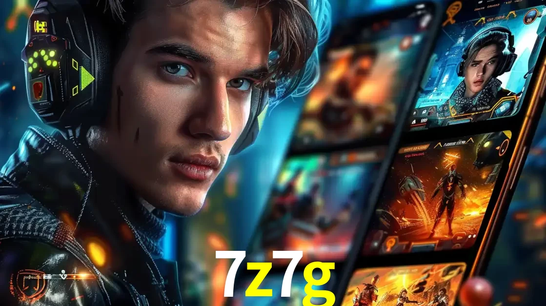 Jovem jogador com fones de ouvido olhando para a câmera, com um aplicativo de jogos e e-sports para celular ao fundo, pronto para a competição e apostas no 7z7g.