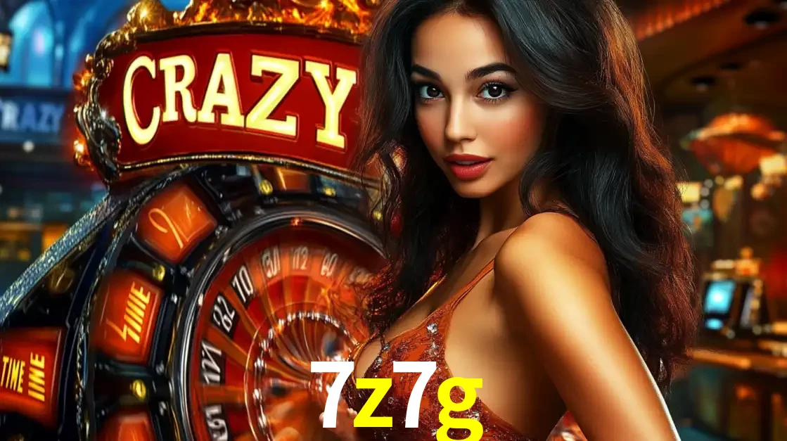 Mulher glamourosa olhando para a câmera com a roda vermelha do Crazy Time ao fundo em um ambiente de cassino, destacando a emoção dos jogos ao vivo no 7z7g.