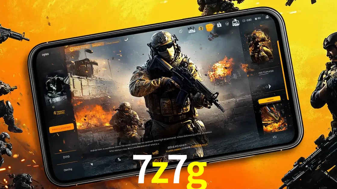 Um smartphone exibindo a interface de um jogo de tiro em primeira pessoa, com um soldado em um cenário de batalha, representando a ação dos e-sports para apostar no 7z7g.