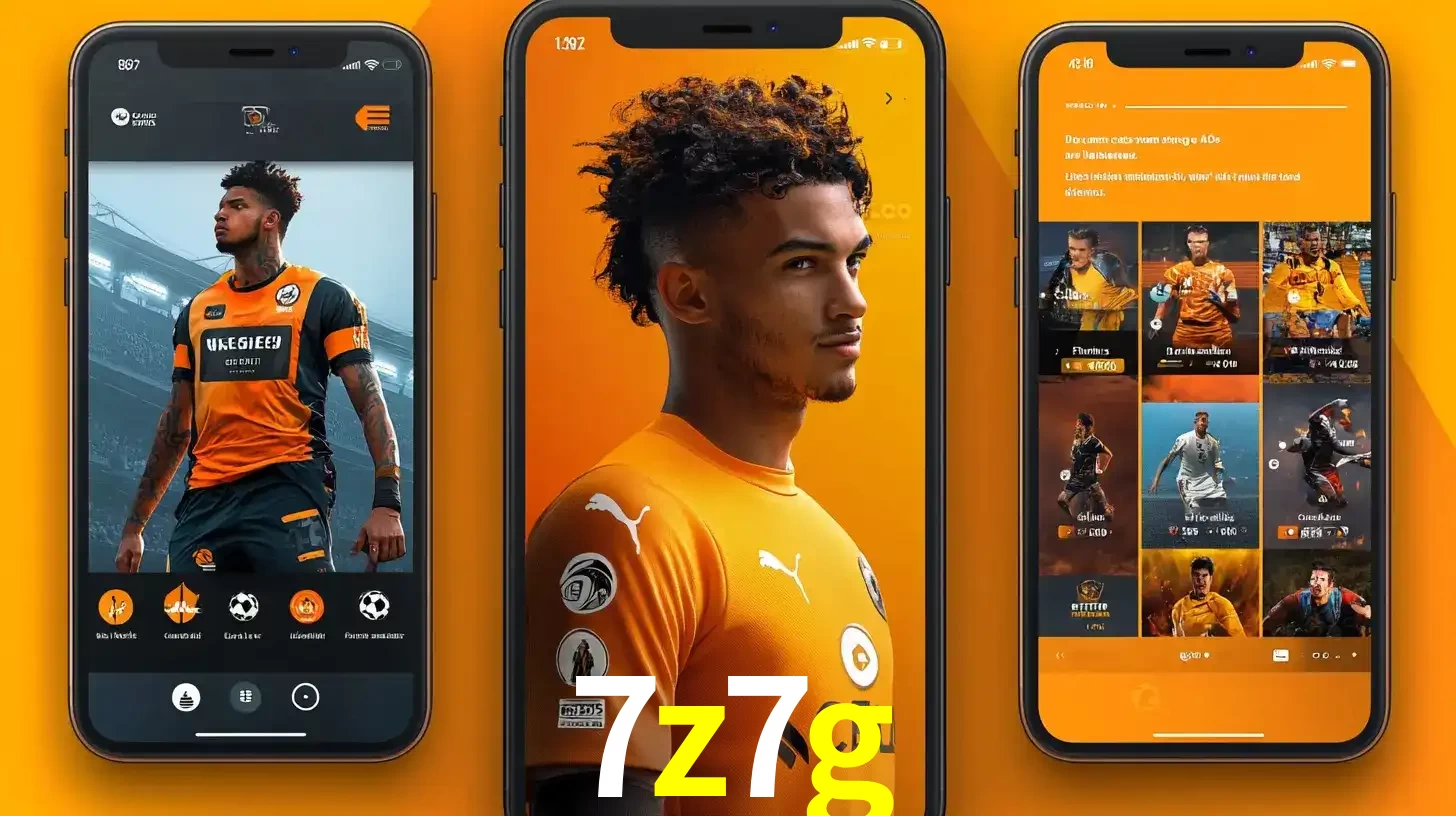 Interface do aplicativo de apostas esportivas 7z7g em três telas de celular, mostrando o perfil de um jogador de futebol e a lista de jogos disponíveis para apostar.