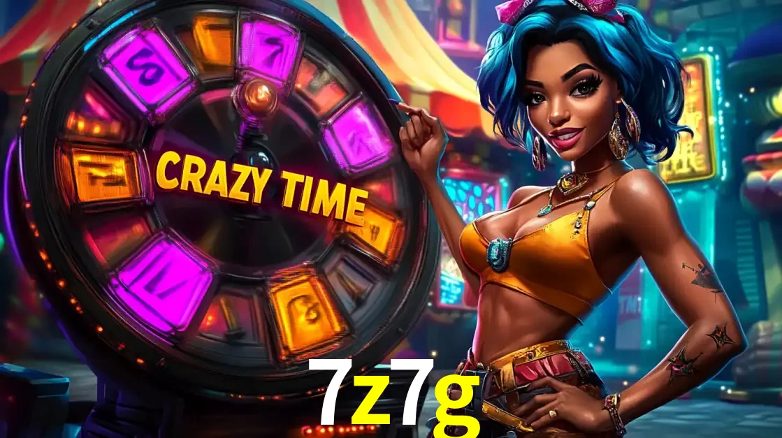 Mulher estilizada com cabelo azul e visual vibrante posando ao lado da roda de prêmios do game show Crazy Time, convidando para a diversão e os bônus do cassino 7z7g.