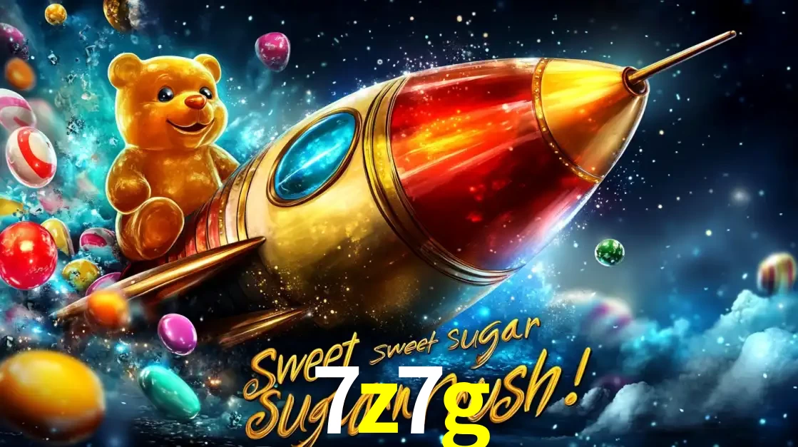 Arte promocional do jogo de slot Sugar Rush, com um urso de pelúcia em um foguete viajando pelo espaço de doces, um dos jogos divertidos disponíveis no cassino 7z7g.
