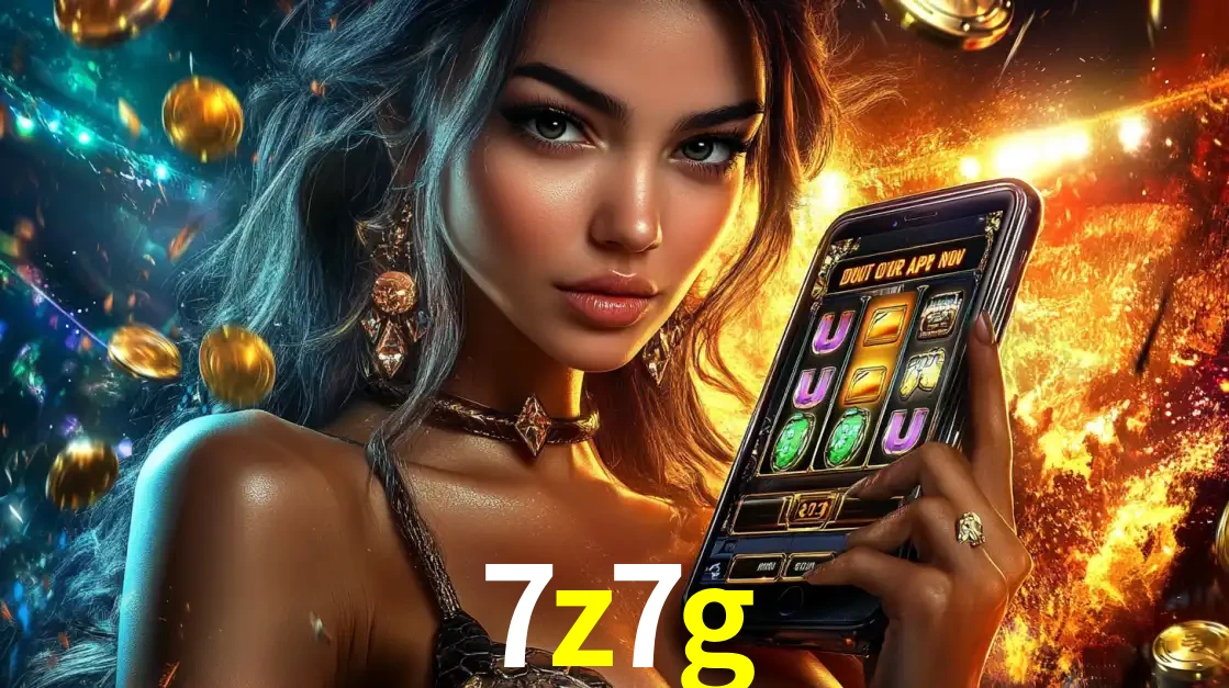Mulher elegante mostrando um jogo de caça-níqueis em seu smartphone, destacando a experiência de cassino móvel oferecida pelo aplicativo 7z7g.
