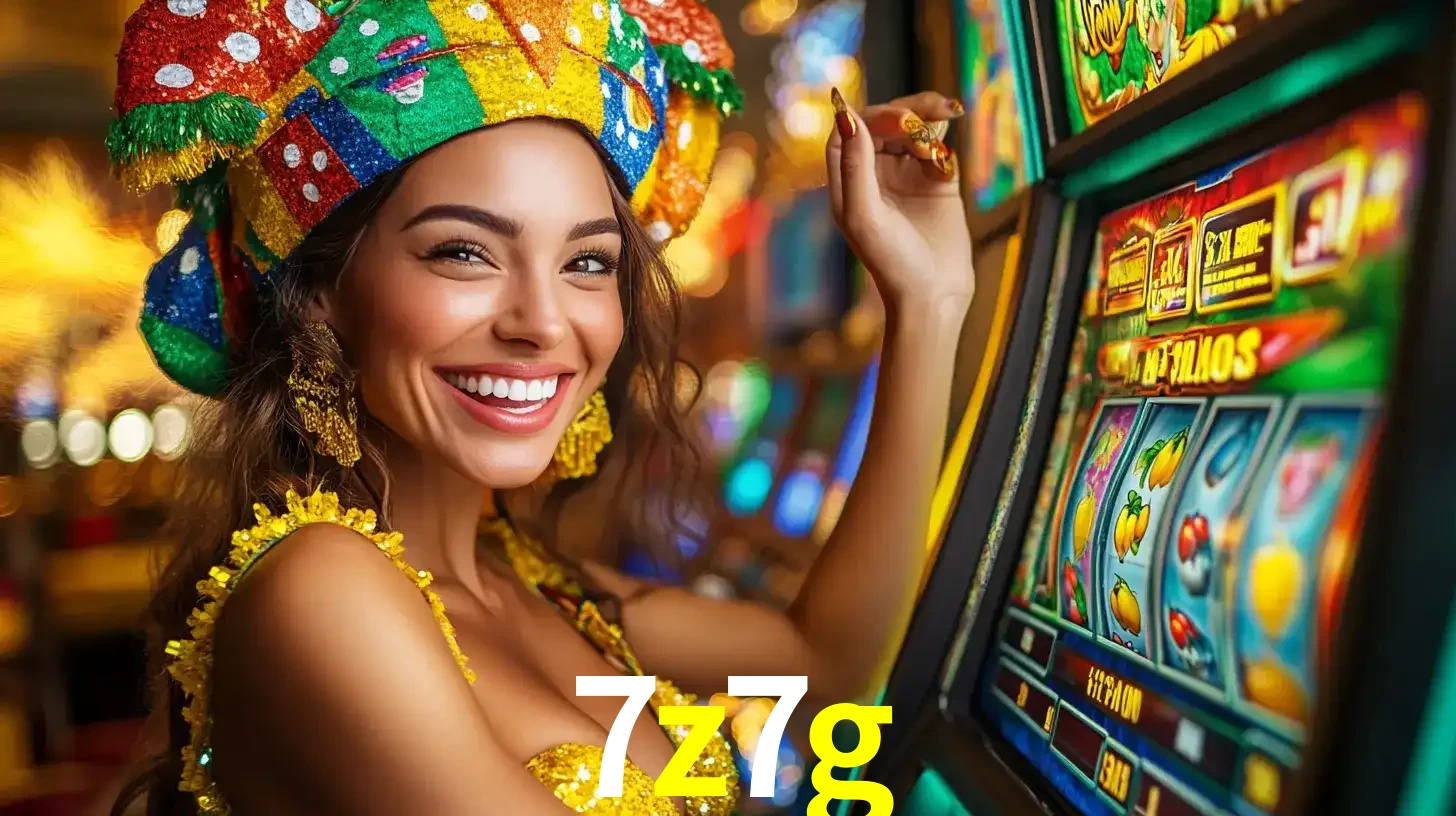 Mulher feliz com traje de carnaval amarelo e colorido ao lado de uma máquina de caça-níqueis, aproveitando a diversão e os jogos temáticos do cassino 7z7g.
